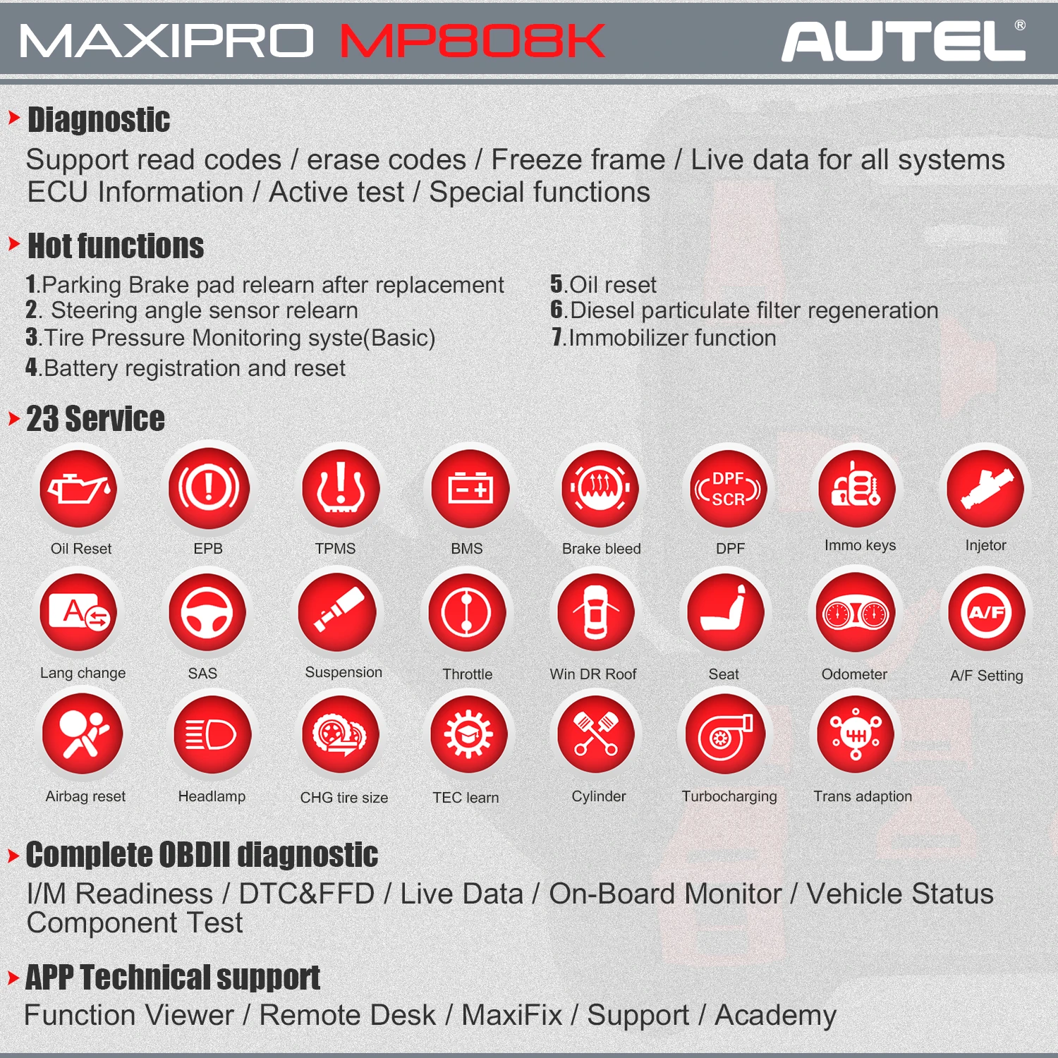 Autel MaxiPRO MP808K Авто диагностический инструмент автоматического OBD2 читатель кода Автомобильный сканер для диагностики scania помощи при парковке VAG COM как DS808K