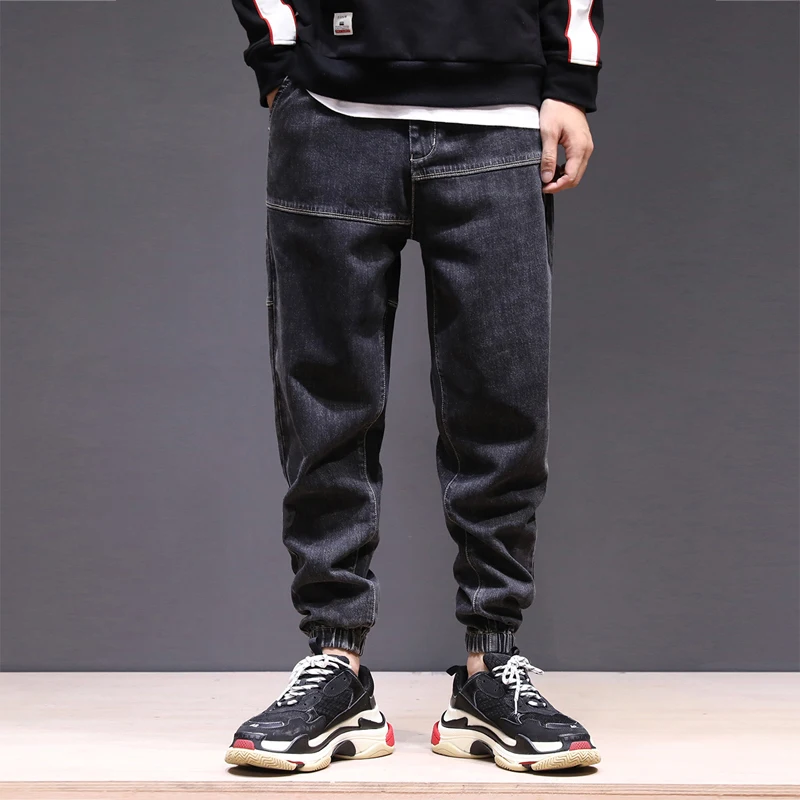Japanese Style Fashion Men Jeans Vintage Designer Black Loose Fit Spliced Cargo Pants Harerm Trousers Hip Hop Joggers Jeans Men