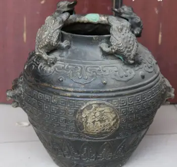 

8"Old China Bronze Silver Carving Money Wealth Spittor Toad Pot Jar Crock Statue