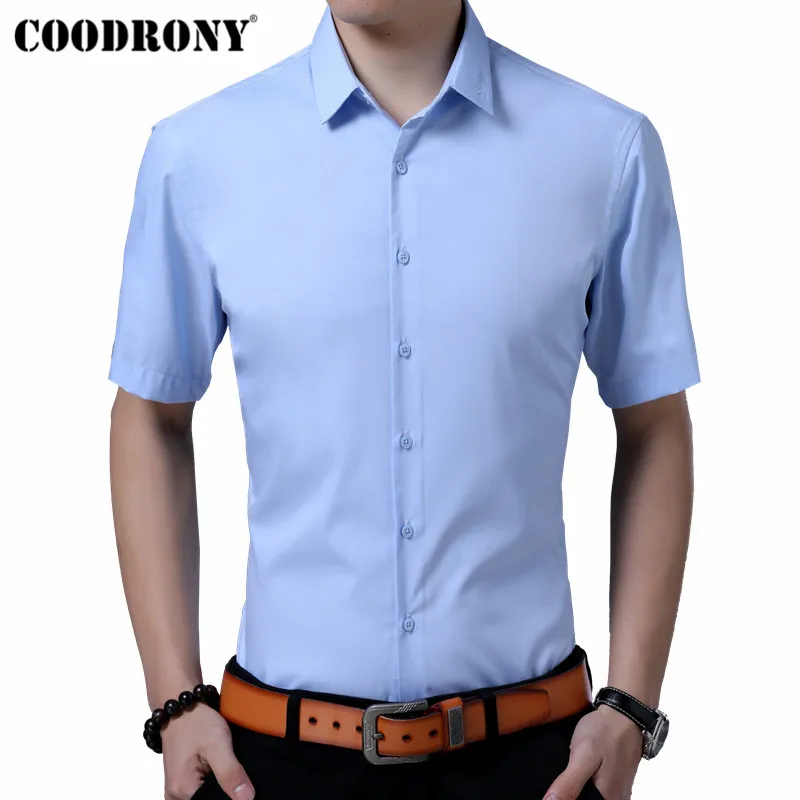 COODRONY мужская хлопковая рубашка Летняя мода Однотонная одежда Slim Fit Футболка с коротким рукавом Для мужчин одежда социальных деловые