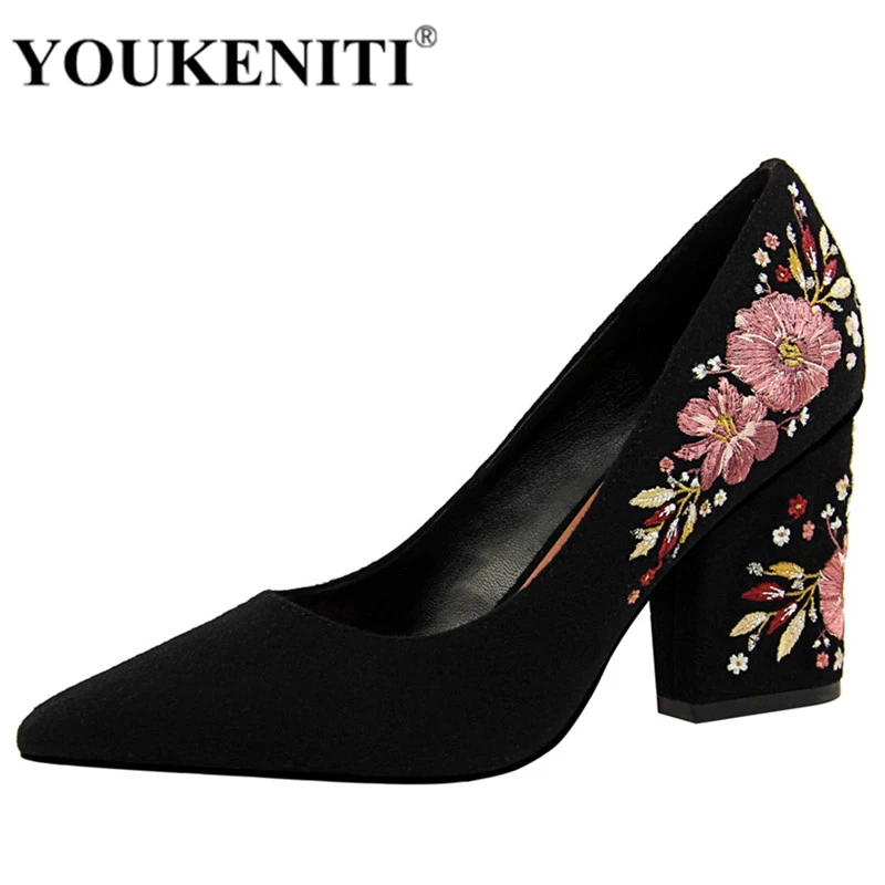

YOUKENITI High Square Heel With 8.5CM Retro Floral On Shoes For Women Flock Charm Women Pumps For Party Shoes DS1751