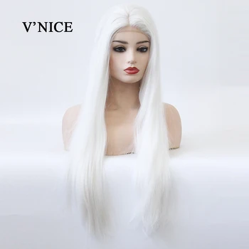 

V'NICE Middle Part Platinum Blonde Wig Straight Glueless Synthetic Lace Front Wigs for White Women Heat Resistant Fiber Hair