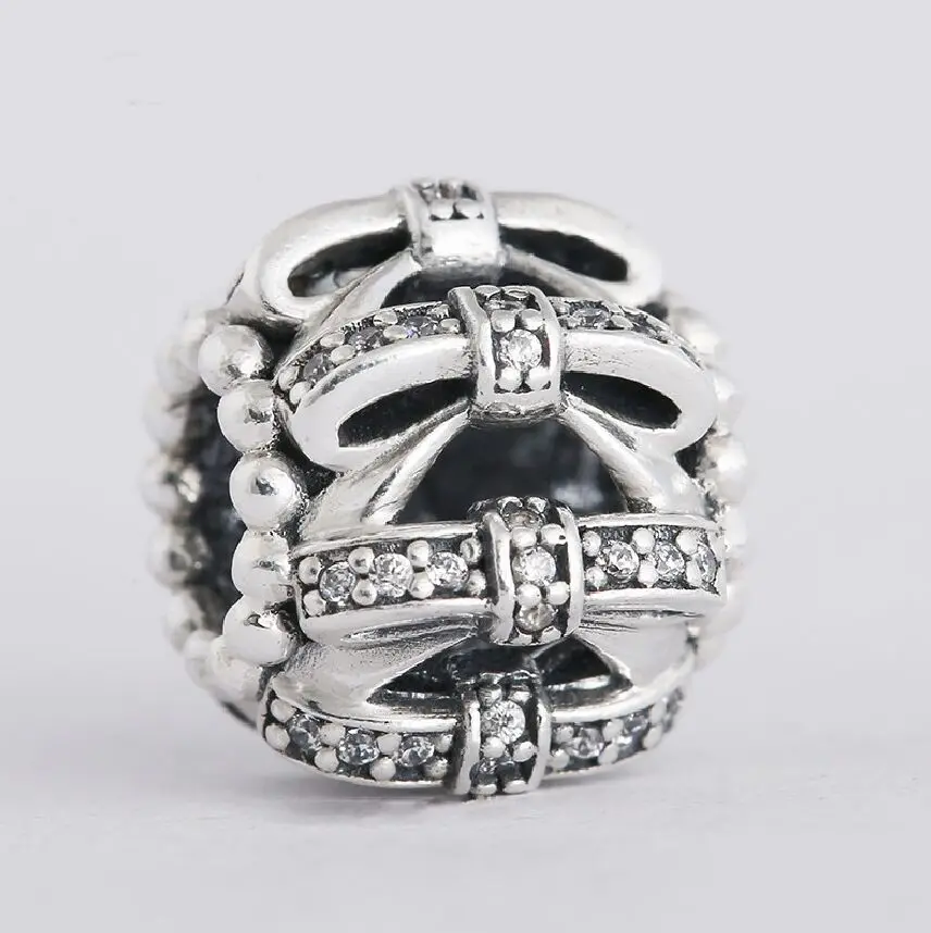 

2018 Winter New CZ Pave Openwork Bow knot Charm Beads 925 Sterling Silver Christmas Gift Charms Fits Pandora Charm Bracelets