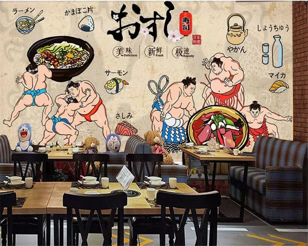 

beibehang wallpaper 3d on the wall Vintage hand-painted sumo samurai restaurant wall mural background wall photo wallpapers