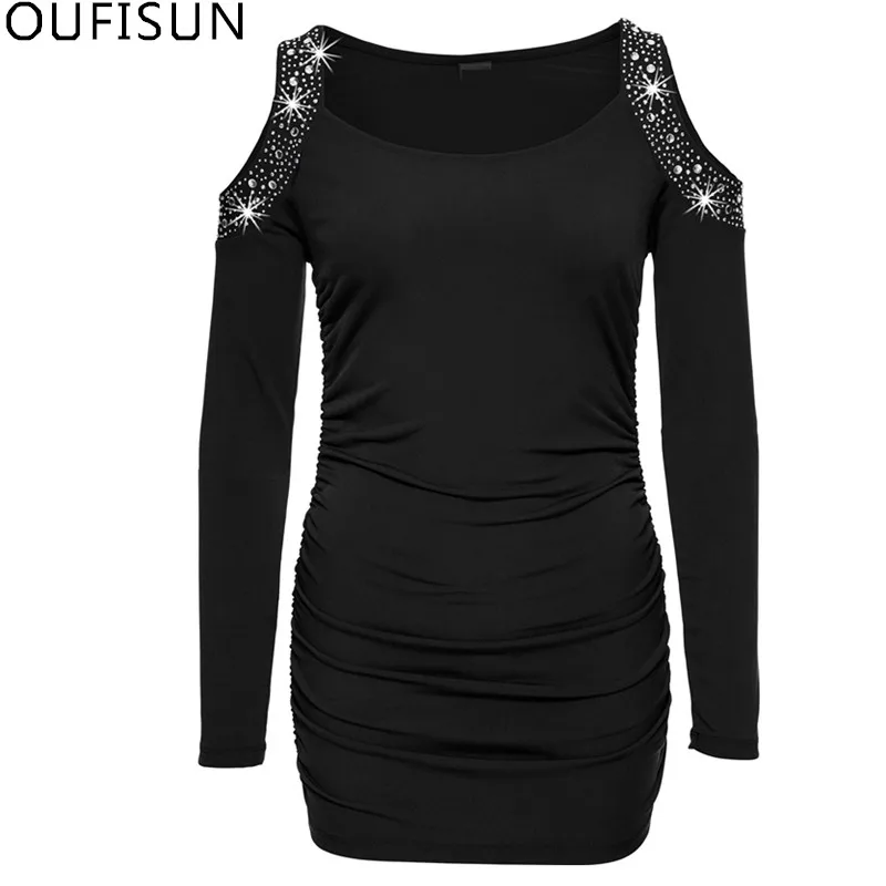 

Spring Autumn O-neck Solid Women's T-shirt 2019 New Casual Sexy Off Shoulder Long Sleeve Tops Tee Fashion Pleated Long T Shirts