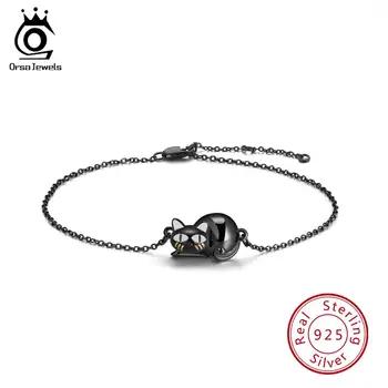 

ORSA JEWELS Authentic 100% 925 Sterling Silver Bracelets Women Black Gun Hollowed Kneeling Cat Original Female Party Gift SB31