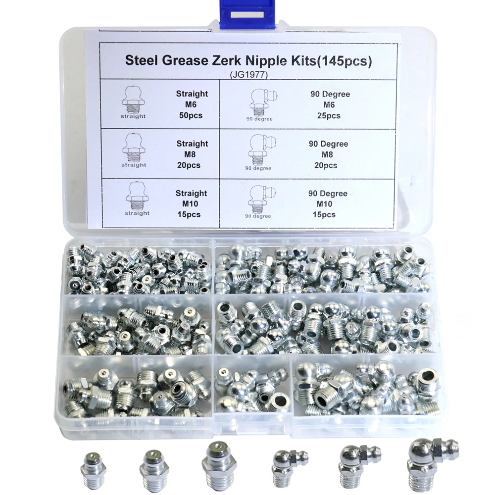 

145pcs 90 Degree and Straight Type M6 M8 M10 Metric Size Hydraulic Zerk Grease Nipple Fitting JG1977