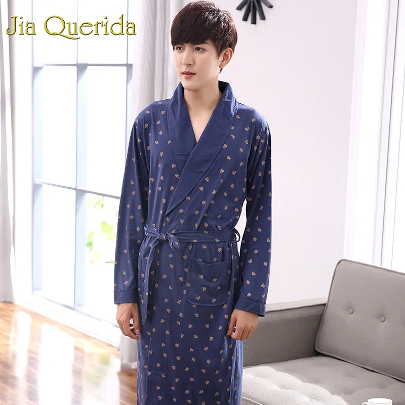 J&Q Men Bath Robes Cotton 2019 Spring New Printed Bathrobe Soft Turn down Collar Mens Robes