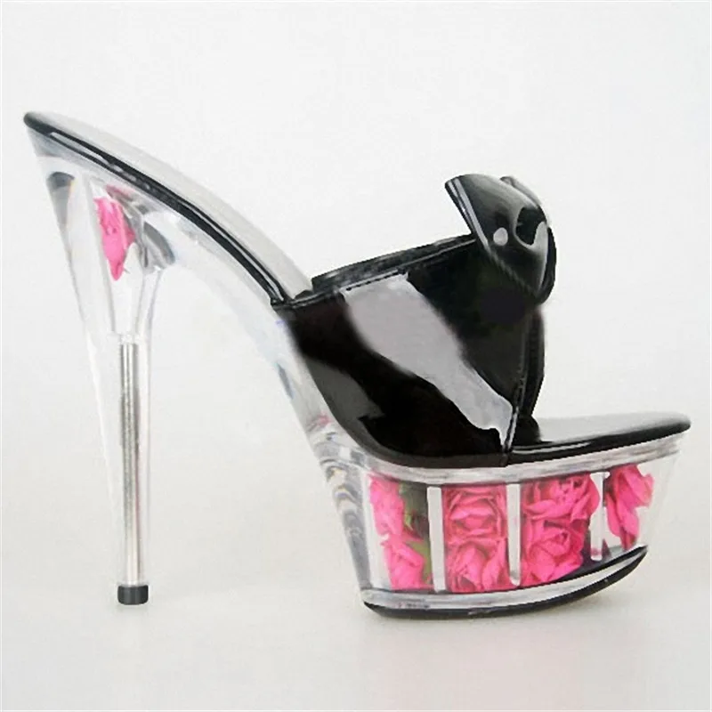 15cm high heel rose decoration platform, bow sexy sandals transparent 6 inch crystal Sandals