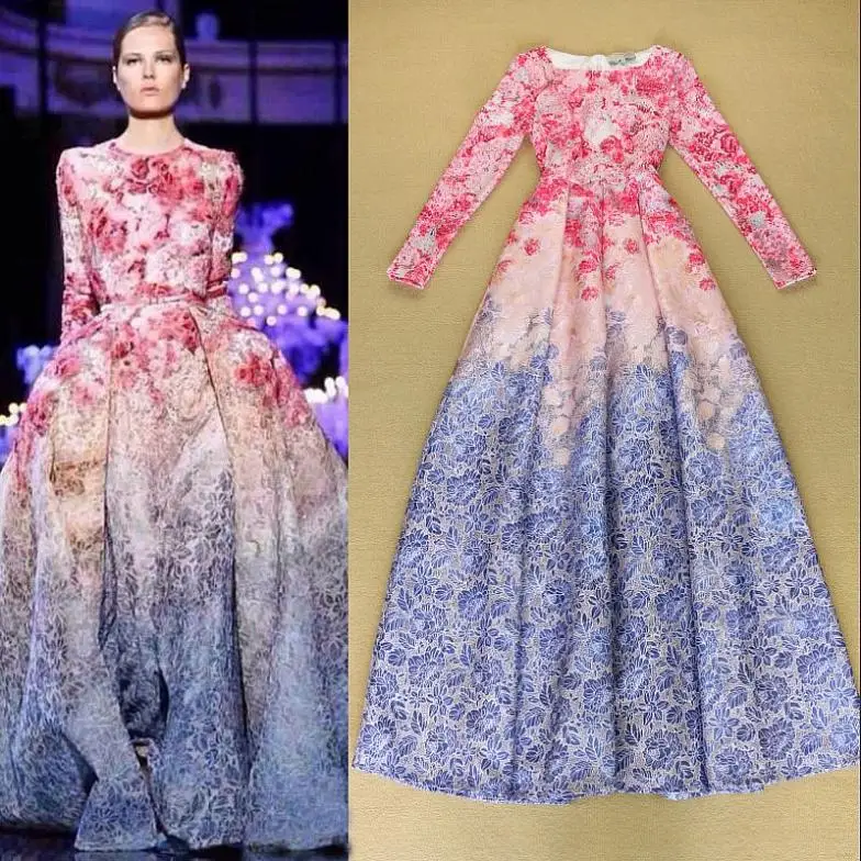 Hot Show Flower Print Grant Long Sleeve Full Dress Runway Hot Show Flower Print Grant Long Sleeve Full Dress Runway Catwalk Fl Fit And Flare In Dresses From Women S Clothing