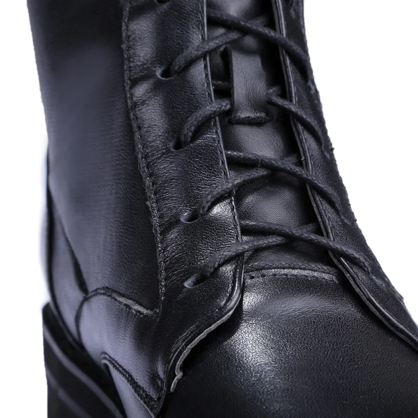 QUTAA/ г. Женские сапоги до колена на низком каблуке модные Универсальные высокие сапоги из натуральной кожи на платформе со шнуровкой и круглым носком размеры 34-39