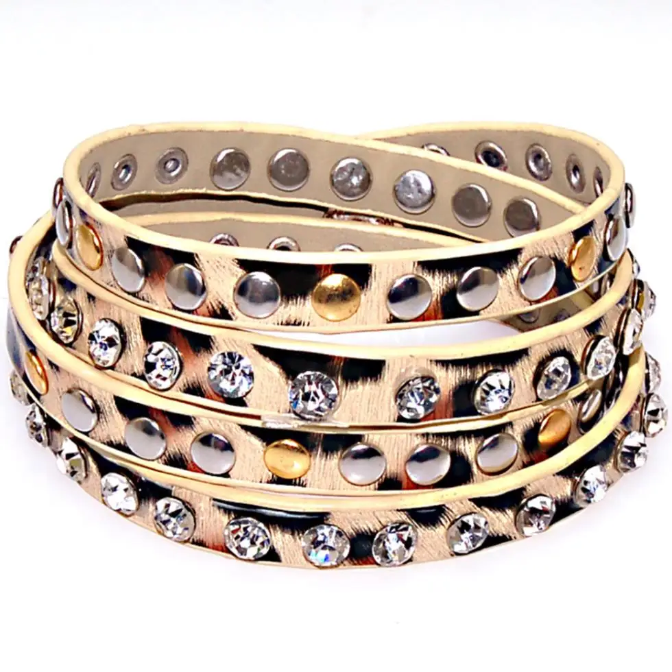 Miasol Кристальные и металлические леопардовые браслеты из искусственной кожи с несколькими ремешками, многослойные браслеты, браслеты B1479