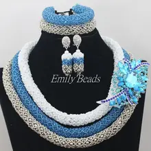 Последние белые/синие/серебряные индийские женские Бижутерия Набор ручной работы Африканские хрустальные бусины ожерелье набор AIJ165