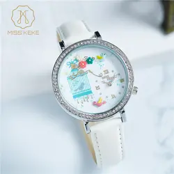 MISS KEKE роскошные со стразами Блеск кожа часы с цветочным орнаментом для женщин кожа Дети кварцевые наручные часы 201