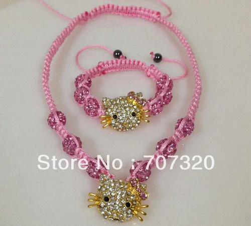 

Minimal order $9.9( mix different items) kid's gift handmade adjust size hello kitty shamballa beads necklace+ Gift bag