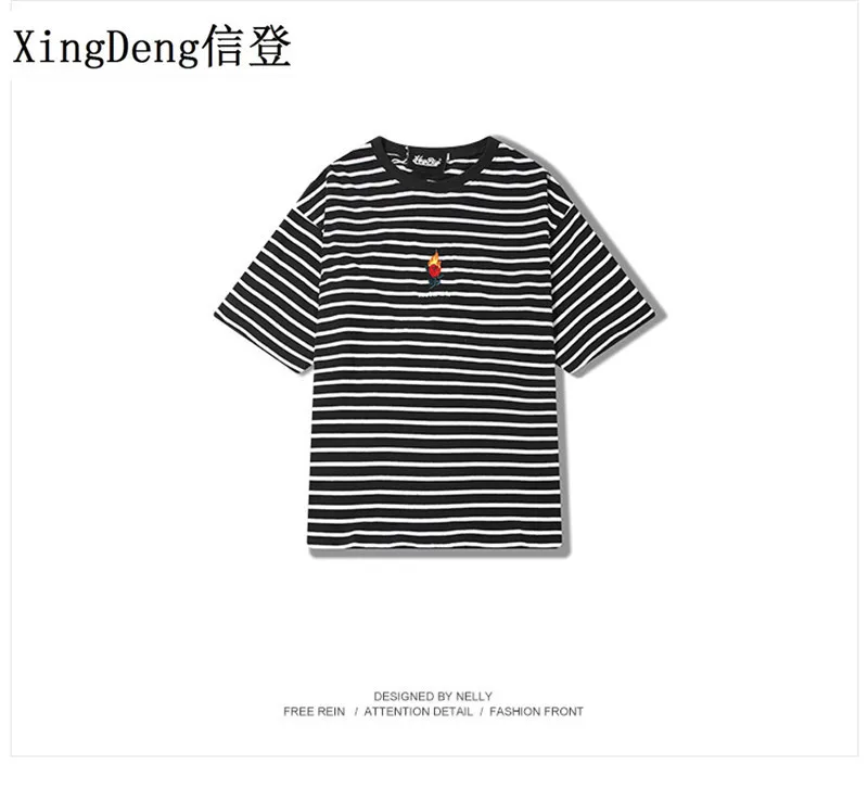 

XingDeng Hip Hop Short Sleeve T-shirt Rose fire Embroidery Striped Mens Oversized Summer Hip Hop Cotton comfortable Tee Shirts
