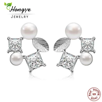 

Hongye New Design Fine Jewelry Natural Freshwater Pearl Stud Earrings 925 Sterling Silver Leaves Double Ball Pearl Women Earring