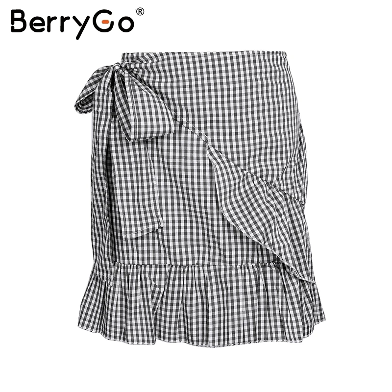BerryGo/шикарная юбка с оборками в стиле бохо, Женская мини-юбка с цветочным принтом, клетчатая повседневная короткая юбка с высокой талией, лето - Цвет: Black White Plaid