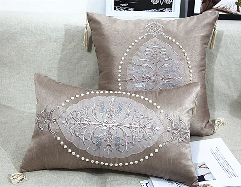 2015 Handmade luxury bed cushion pearl beaded cushion geometric embroidery decorative pillows ...