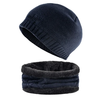 Вязаная шапка мужская зимняя вязаный набор шапки и шарфа модная вышитая буквами шапочки уличная лыжная толстая теплая шапка шапка и снуд - Цвет: Blue Set