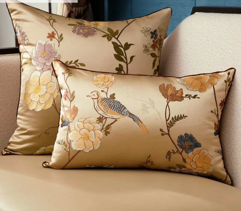Китайская традиционная вышитая птичья Подушка с цветочным принтом, наволочка, наволочка для дивана, поясничная Классическая шелковая ткань, наволочка для подушки, для дома