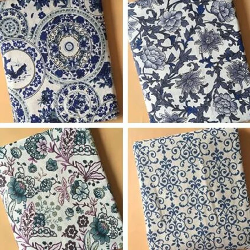 Льняная хлопковая ткань синий и белый фарфор Печать ручной работы DIY швейная ткань Скатерть Подушка ткань износостойкая ткань