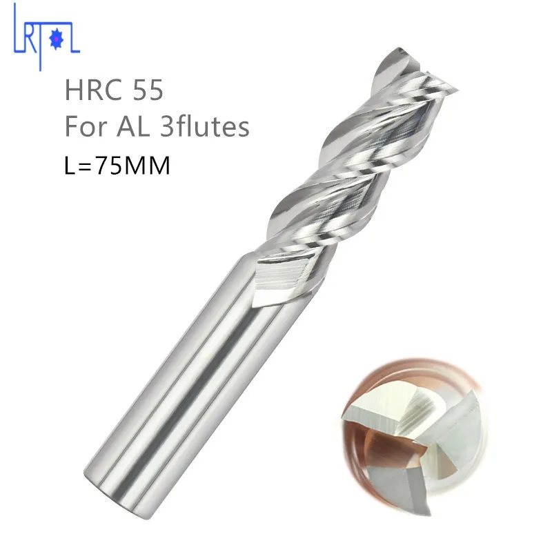 hrc55 3Flutes 10 12 *75mm flat square end mill for Aluminum Spiral Bit