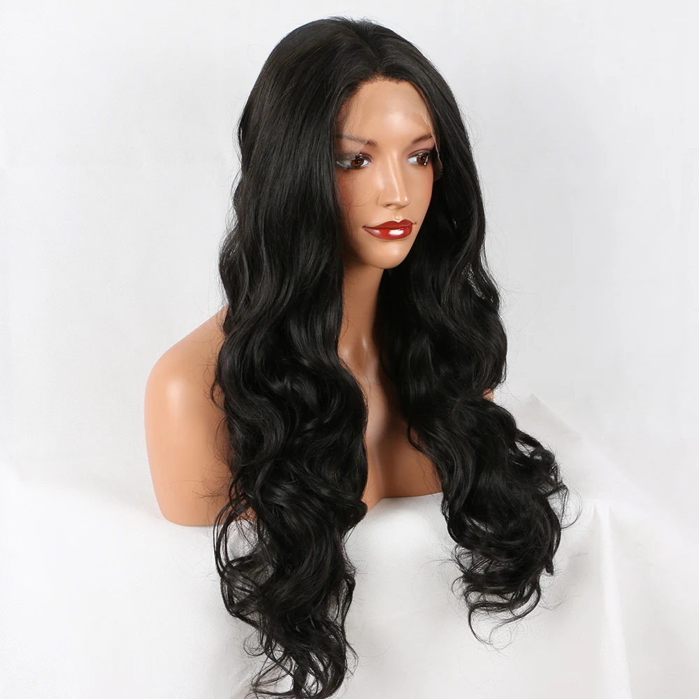 

Fantasy Beauty Black #1B Lace Front Wig Long Natural Wavy Soft Fiber Hair Glueless Synthetic Wigs For Women Heat Resisitant