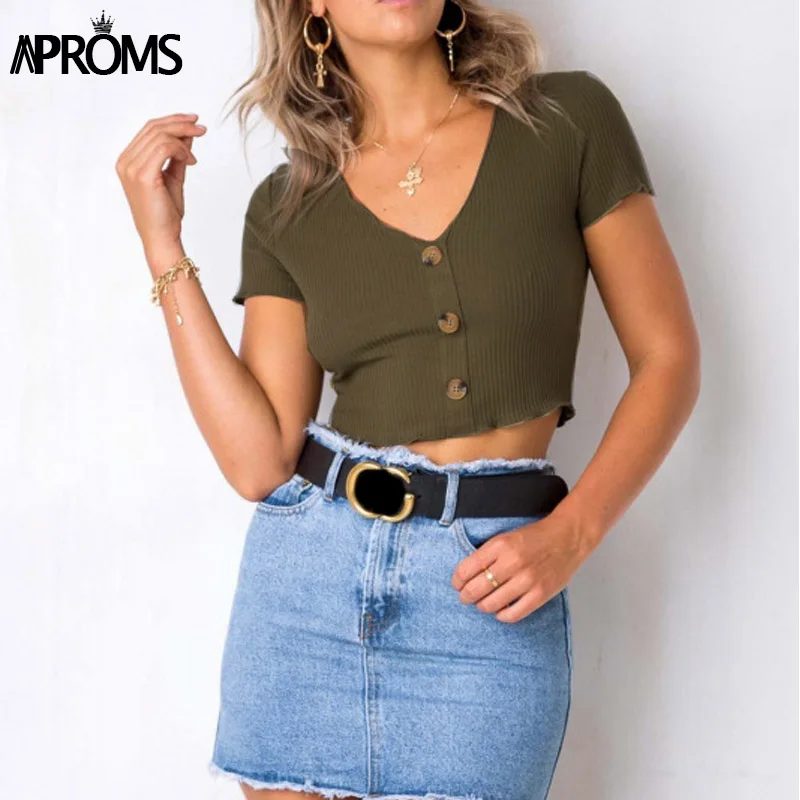 Aproms Sexy V Neck White Ribbed T-shirt Casual Short Sleeve Basic T shirt Women Crop Top Female Streetwear Cropped Tshirt Tees