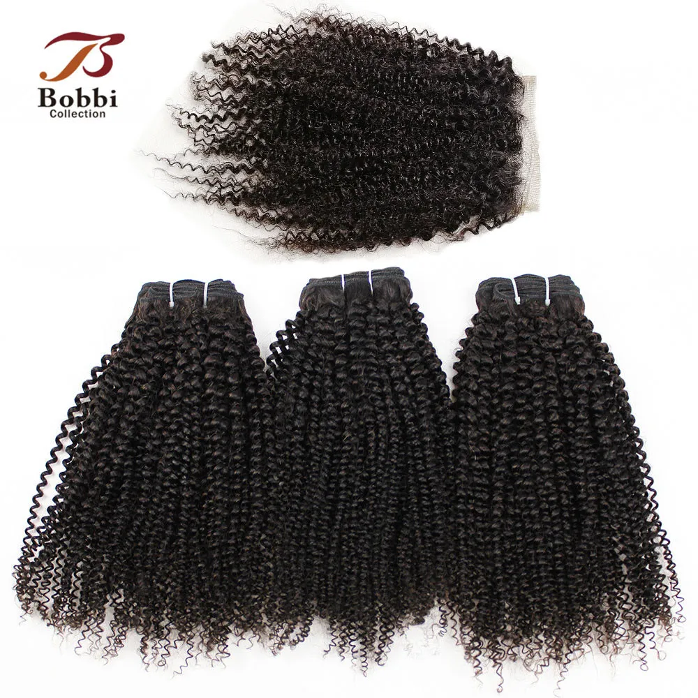 

BOBBI COLLECTION Afro Kinky Curly 2/3 Bundles With 4*4 Lace Closure Indian Remy Human Hair Weave Bundles Extensions