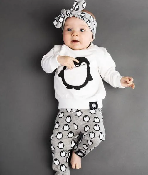 

Infan Toddler Baby Girls Boys Clothes Fashion Cotton Long Sleeved Cartoon Penguin T-shirt+Pants Newborn Baby Clothing Set