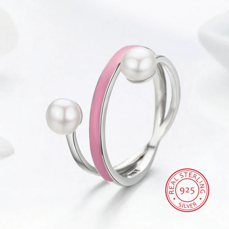 

New Elegant Pink Geometric Round White Pearl 925 Sterling Silver Finger Rings for Women Girls Hot Selling Wedding Jewelry Gifts