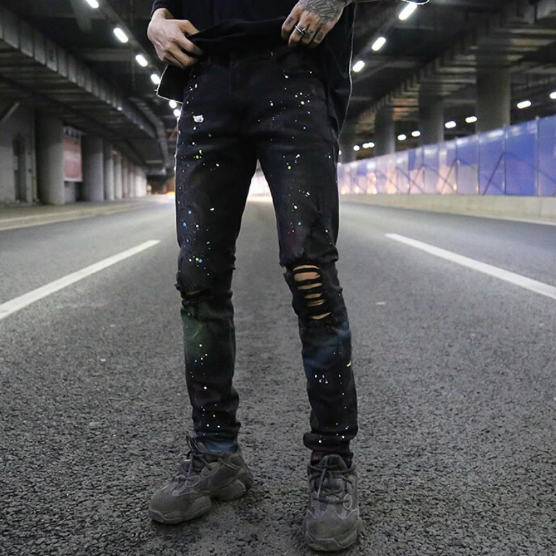 Черный многоцветный Краски брызги джинсы скинни-fit потертостями джинсы Для мужчин в уличном стиле