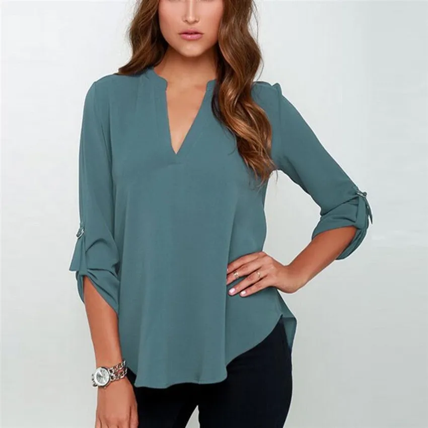 

Lugentolo Women Shirt New Fashion Autumn Shirt V-neck Loose Long-sleeved Chiffon Dignified Wild Shirt