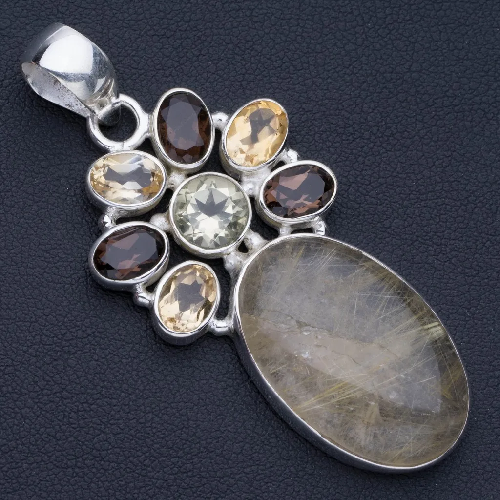 

Rutilated Quartz,Citrine,Smoky Quartz and Green Amethyst 925 Sterling Silver Pendant 2 1/4" P0719