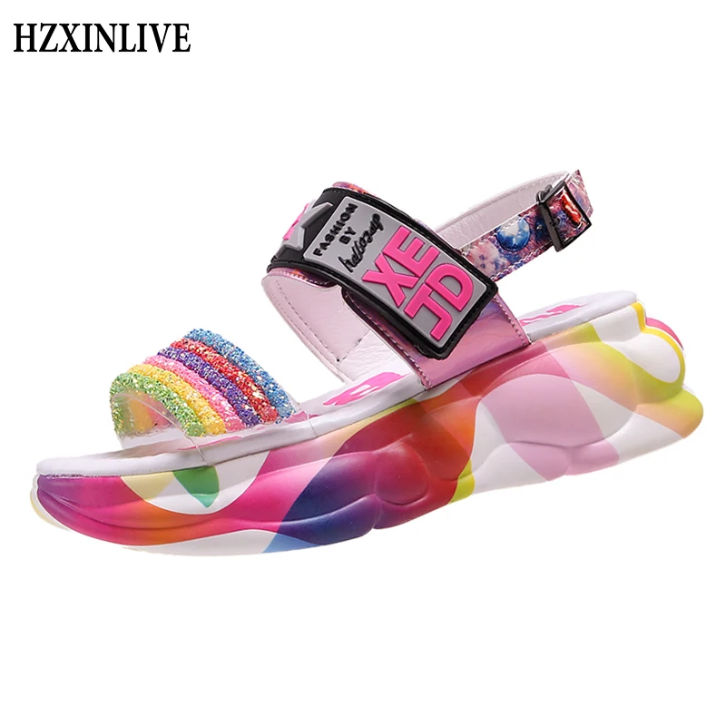 

HZXINLIVE 2019 Summer Women Sandals Rainbow Colorful Sequined Cloth Ladies Sandals Chunky Heels Open Toe Heels Platform Sandals