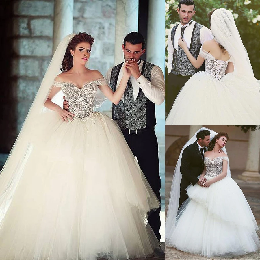 

Brilliant Tulle Off-the-Shoulder Neckline Ball Gown Wedding Dresses with Beadings & Rhinestones Lace Up Bridal Gowns
