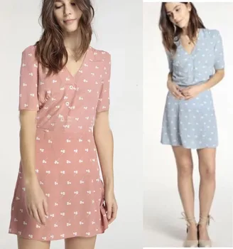 

V-neck mid-sleeve high-waist floral print Slim Fit dress Sexy France Hot