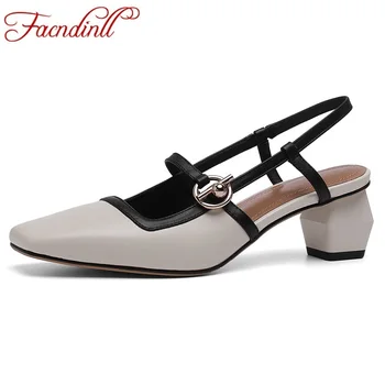 

FACNDINLL women summer shoes 2019 new fashion genuine leather med heels square toe beige apricot dress party office ladies shoes