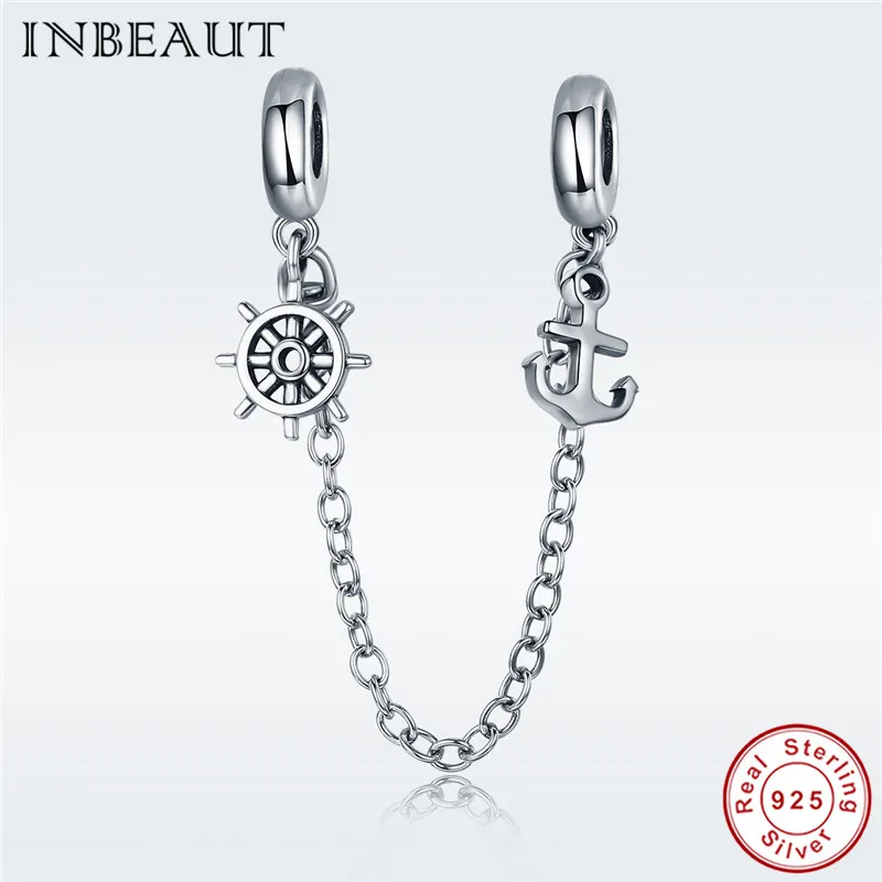 

fit Pandora Bracelet Anchor Safety Chain 925 Sterling Silver Vintage Caribbean Boat Direction Wheel Charm Beads for Hand Chain