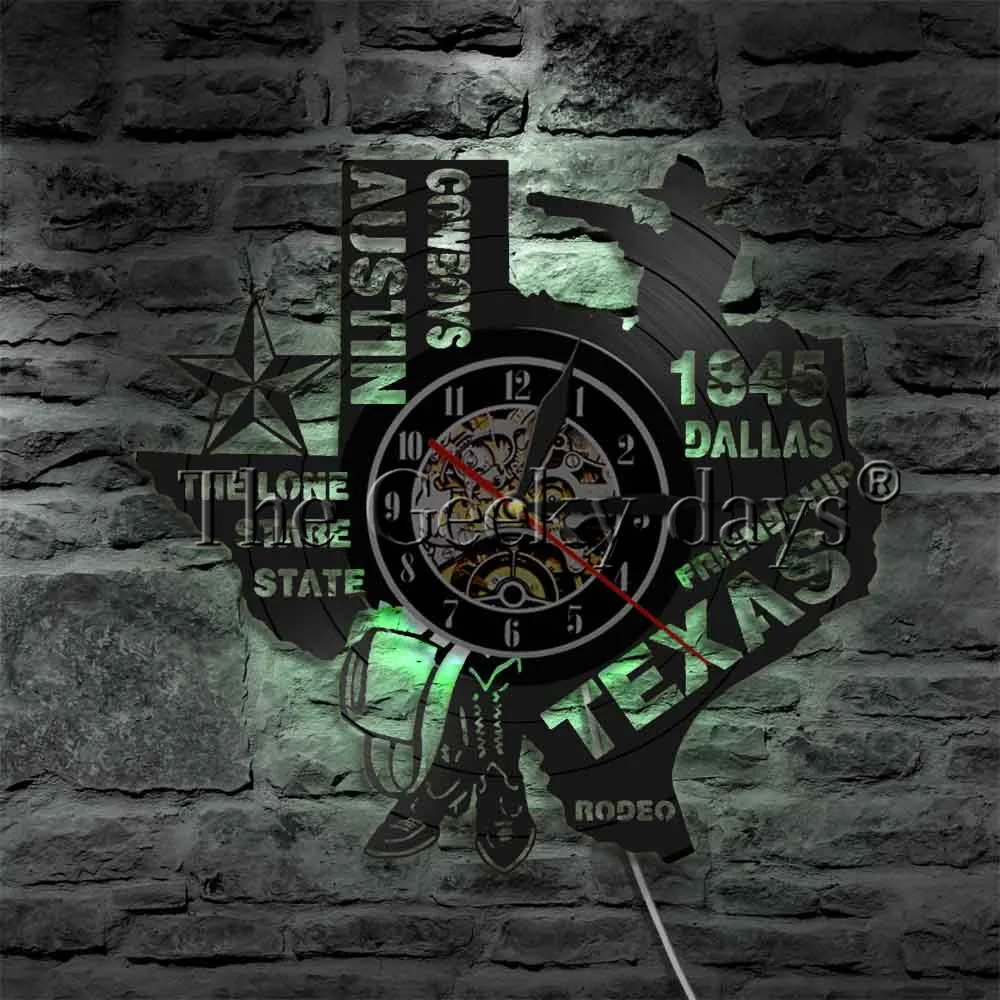Tanie 1 sztuka Rodeo stanu teksas zegar ścienny samotny Stare państwo Dallas Led lampka nocna płyta winylowa zegar Austin kowboje nowoczesne wystrój
