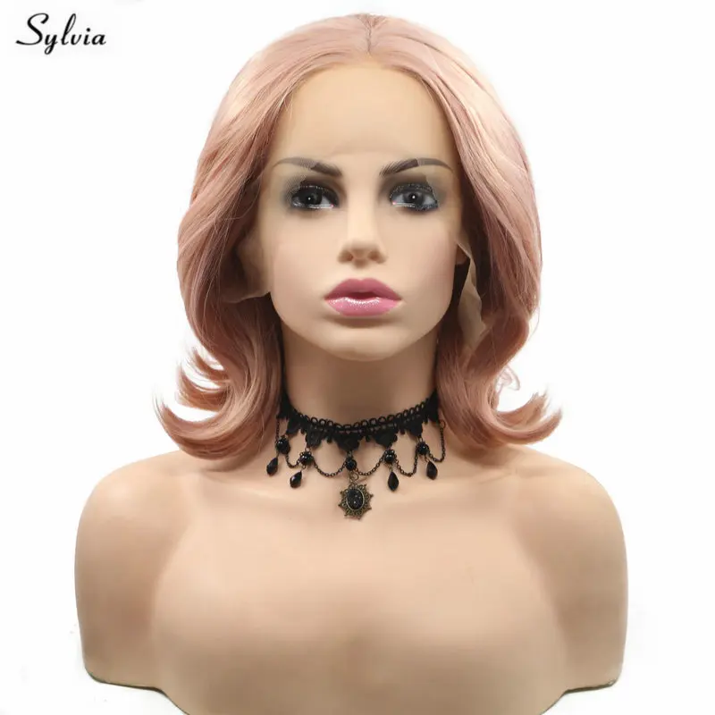 

Sylvia 14" Shoulder Length Wave Short Bob Wigs Rose Gold/Pink Lace Front Wig For Women Heat Resistant Synthetic Hair Cosplay Wig