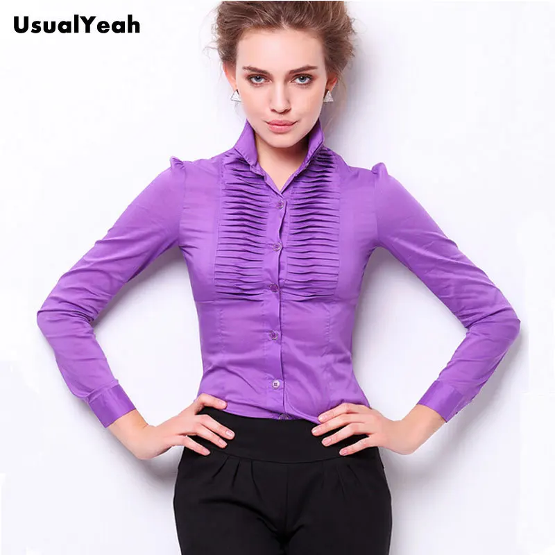 Goede Voorjaar 2018 Vrouwen mode ol casual stand kraag slim fit geplooide lange mouwen lichaam shirts blouses vrouwen paars S XXL SY0179