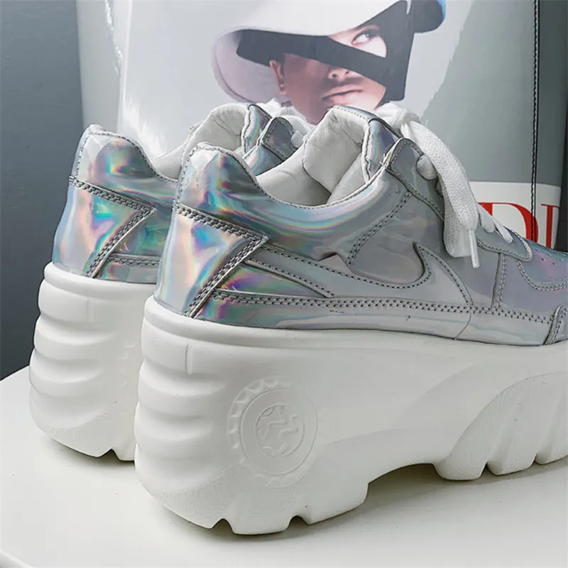 2019 Spring Women Pumps Beige Genuine Leather Girls High Heels Platform Sneaker Silver Laser Increased Casual Wedges Shoes Woman (1)