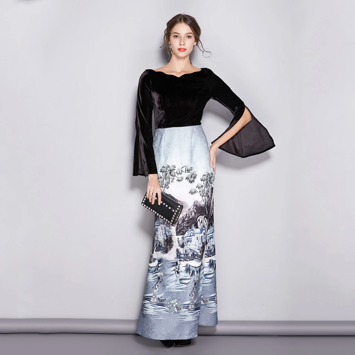 

Black Velvet Elegant Evening Dresses Chinese Print Vintage Long Mermaid Formal Party Gowns O Neck Abiti Da Cerimonia Da Sera