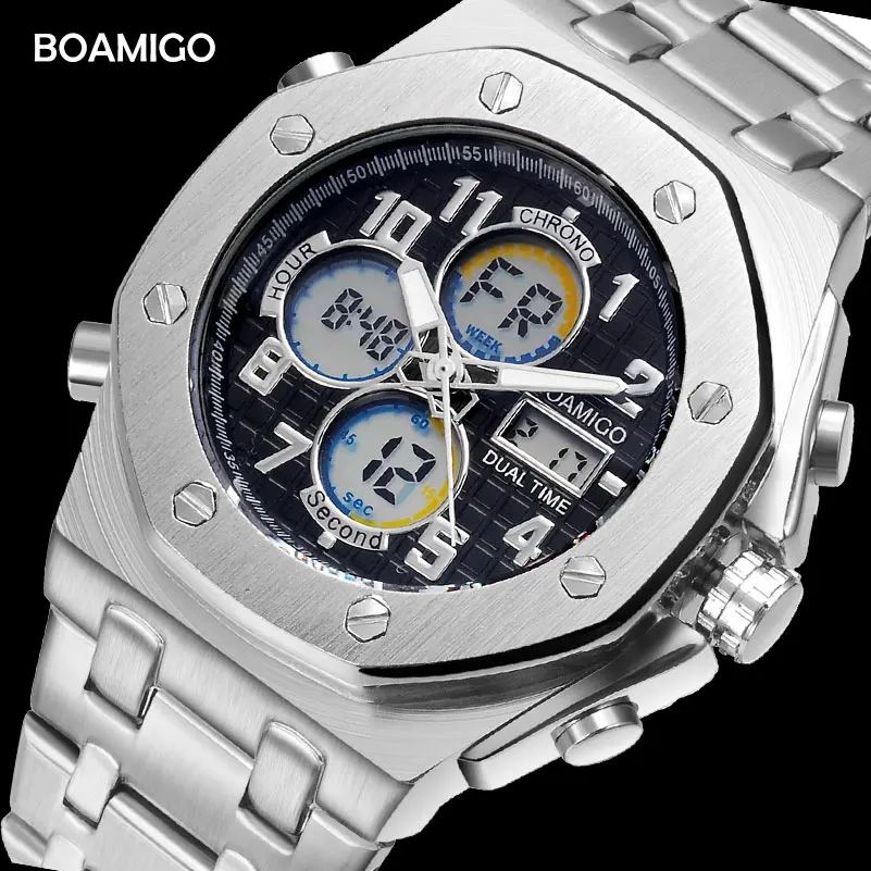 Prix BOAMIGO marque montres hommes montres de sport numérique à double affichage quartz montres en acier inoxydable montres Relogio Masculino
