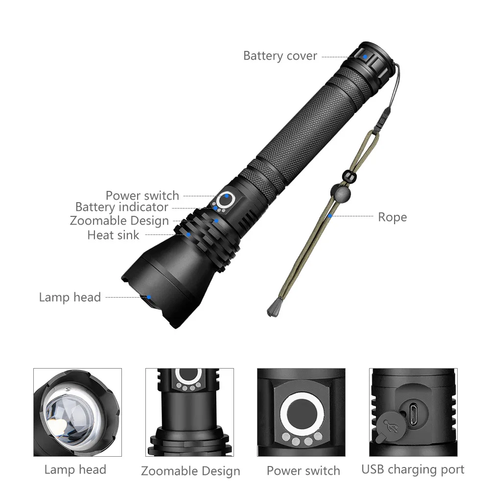 

1 Pcs LED Flashlight Torch Aluminum Alloy USB Charging Adjustable for Outdoor --M25
