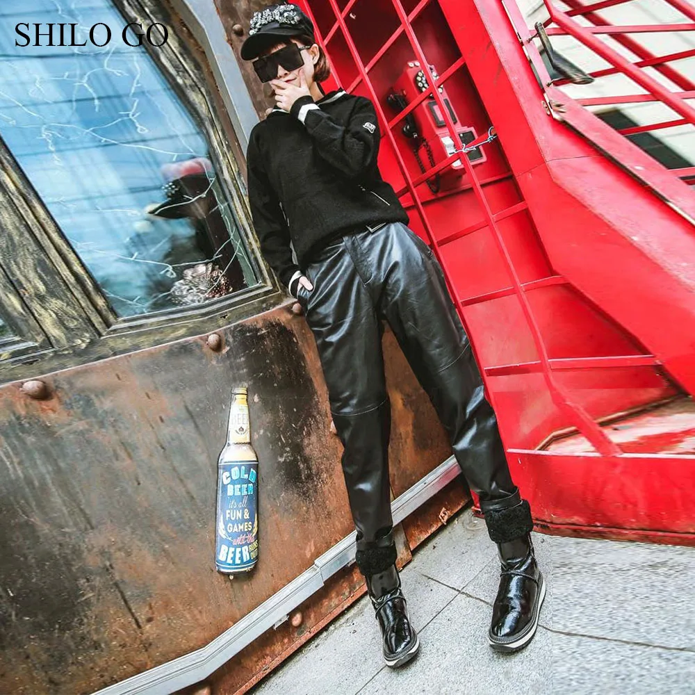 SHILO GAAN Leren Broek Womens Zomer Mode schapenvacht lederen Broek hoge taille losse toevallige zwarte harembroek SHILO GAAN Leren Broek Womens Zomer Mode schapenvacht lederen Broek hoge taille losse toevallige zwarte harembroek