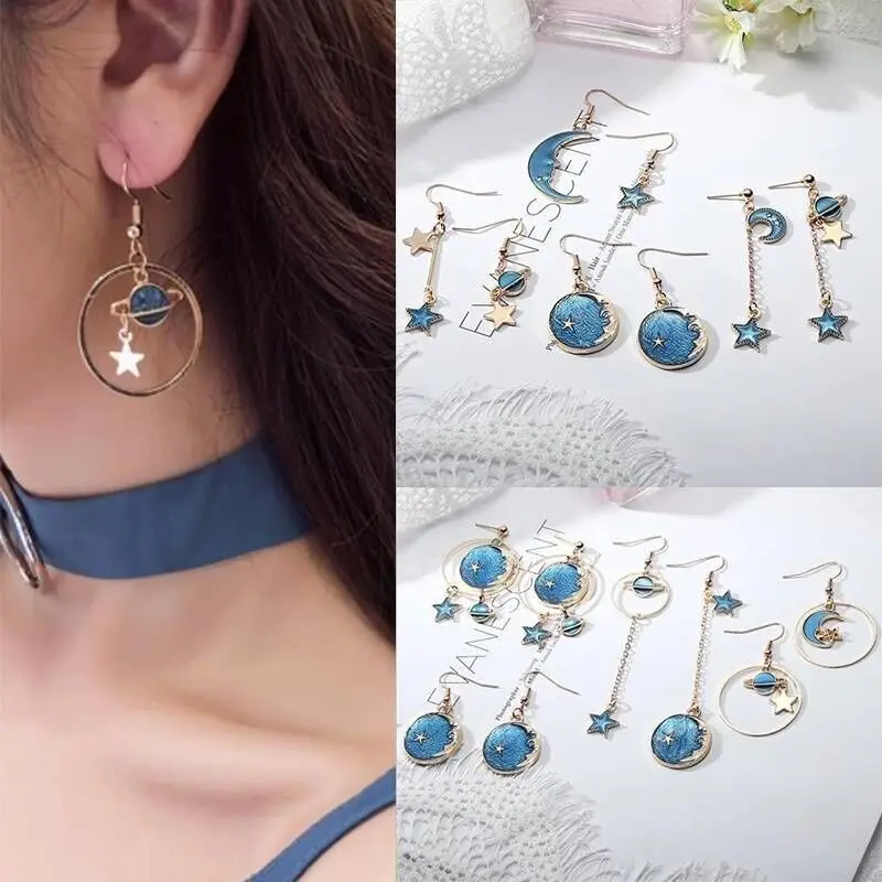 

Shiny Side New Fashion Brand Jewelry Blue Star Moon Dangle Earrings for Women Gift Simple Style Irregular Drop Earrings