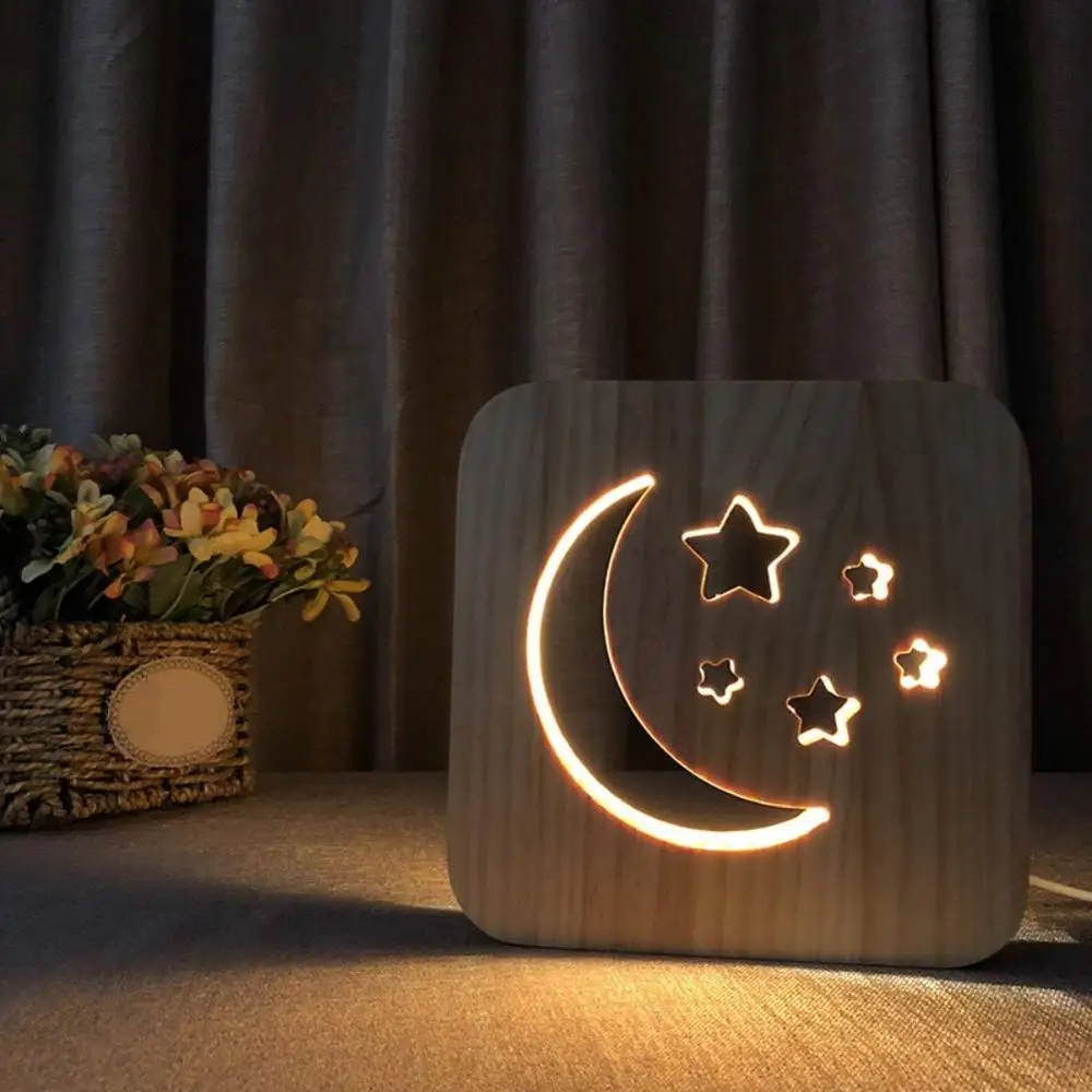 Деревянная собачья лапа Кошка Животное ночник Французский бульдог Luminaria 3D лампа USB Powered Настольная лампа для Ребенка Рождественский подарок на год - Emitting Color: moon star